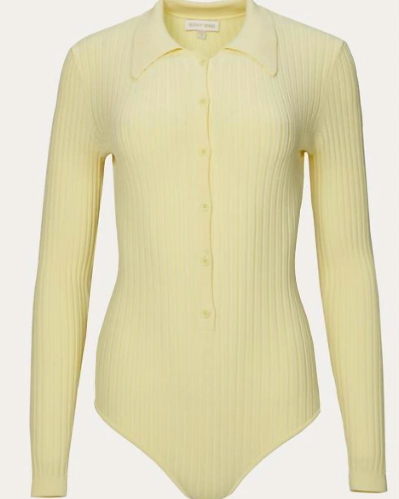 Front of a size L Cyndie Knit Bodysuit in Pale Yellow in Pale Yellow by RONNY KOBO. | dia_product_style_image_id:333735